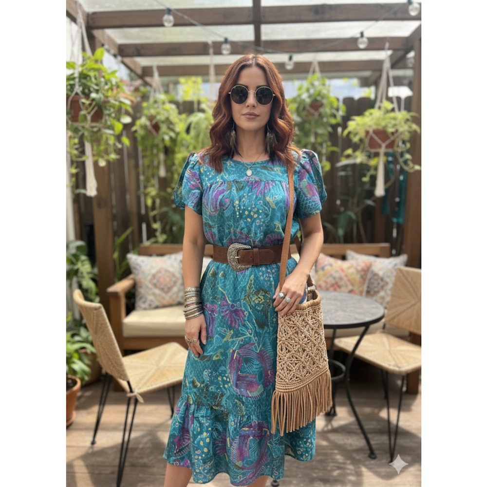 Vintage 70s TARA Bohemian Teal Fish Print Midi Dress Medium
